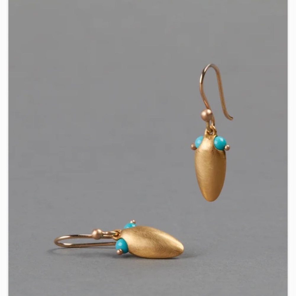 Thin Eye Bug Earrings,Solid 22K Yellow Gold w Turquoise, Ted Muehling Collection